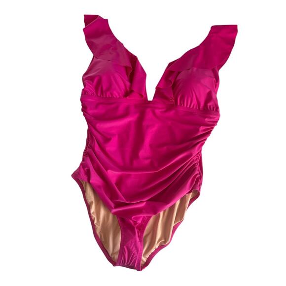 J.Crew Radiant Fuchsia Pink Ruched Ruffle One Piece Swimsuit Women's Size 18 NWT - Picture 1 of 10